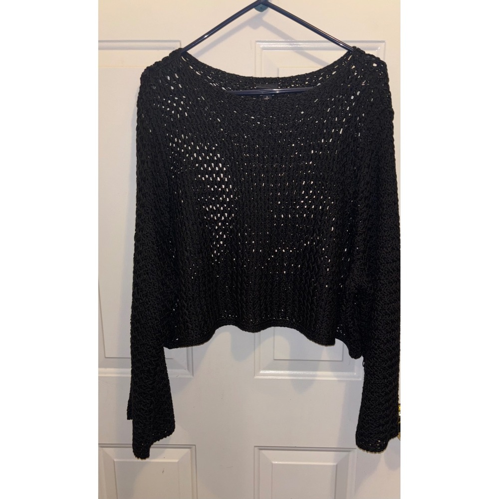 Torrid Black Open Knit Crochet Cropped Sweater Plus Size 3 3X Bell Sleeve Boxy